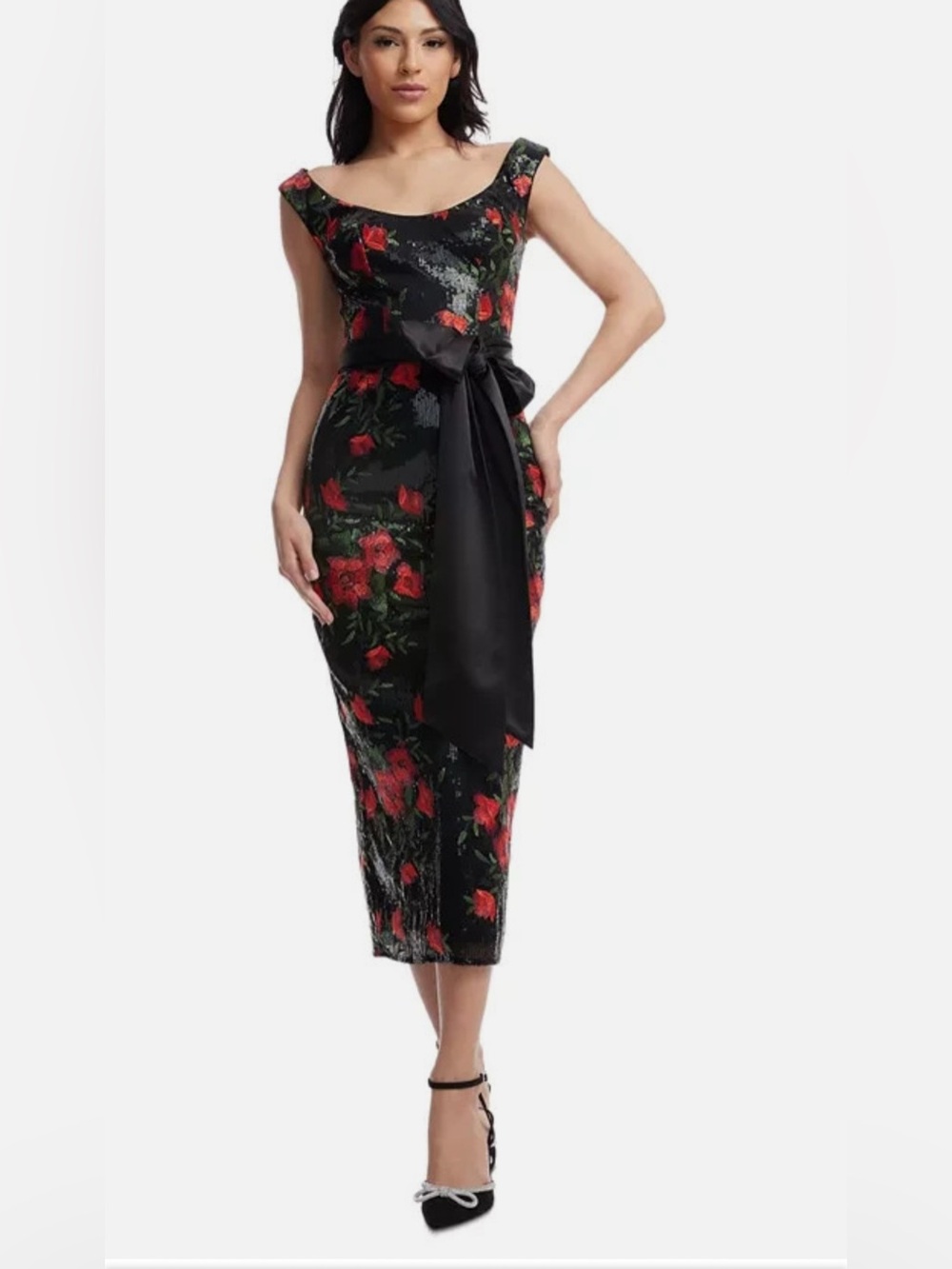 Dress the Population Black Floral Sequin Midi Dress